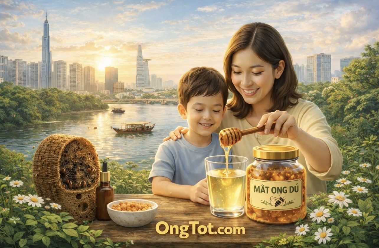 Mật ong dú OngTot Sài Gòn — bối cảnh sông Sài Gòn và đường chân trời thành phố